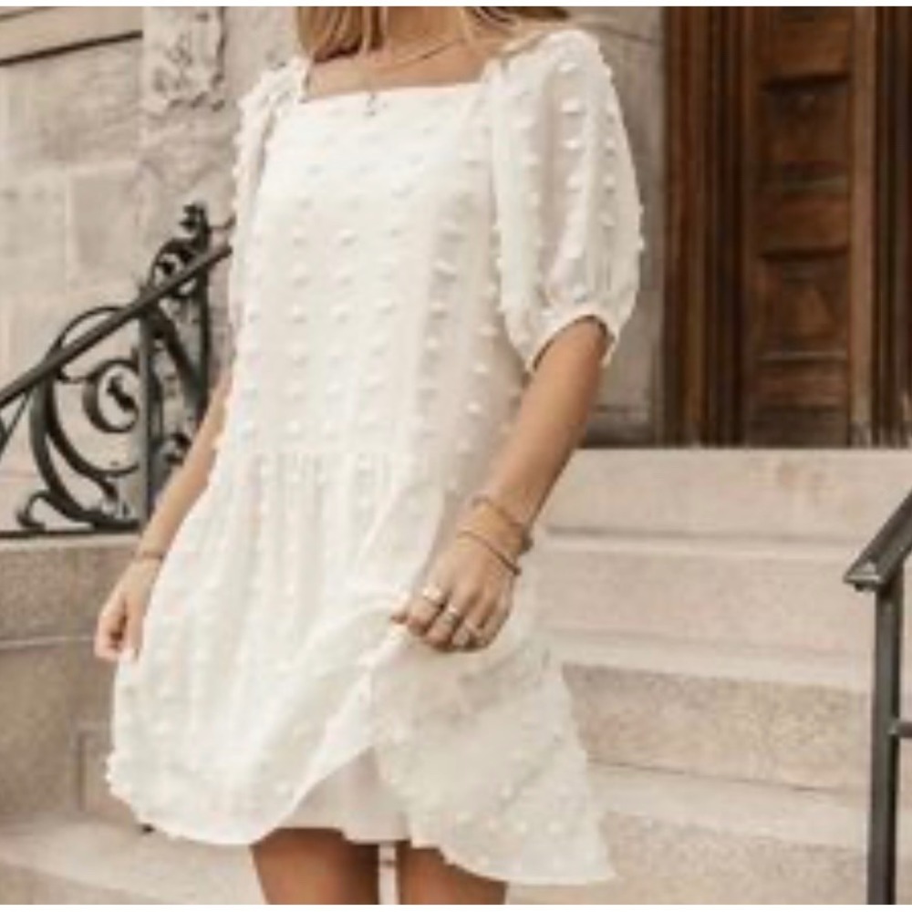 Böhme White Swiss Dot Mini Dress Square Neck Tiered Short Puff Sleeve Small - Picture 3 of 9